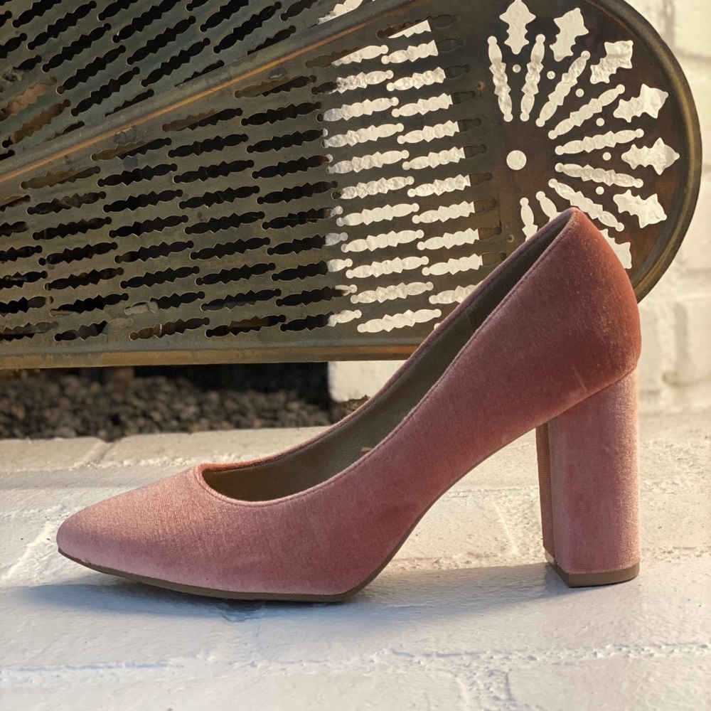 Pink velvet block heel